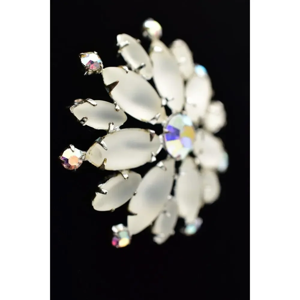 Vintage Crystal Flower Pin Brooch Frosted AB Rhinestone Prong Silver 1990s BinBG